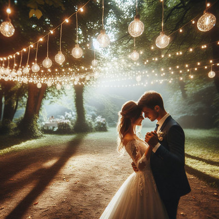 Wedding couple on the background of the night forest with lightsの素材