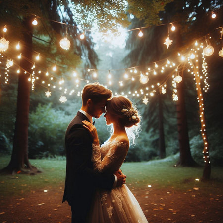 Wedding couple on the background of the night forest with lightsの素材