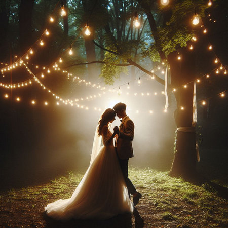 Wedding couple on the background of the night forest with lightsの素材
