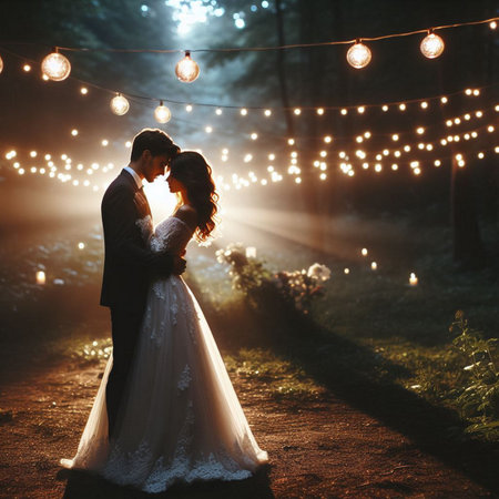 Wedding couple on the background of the night forest with lightsの素材