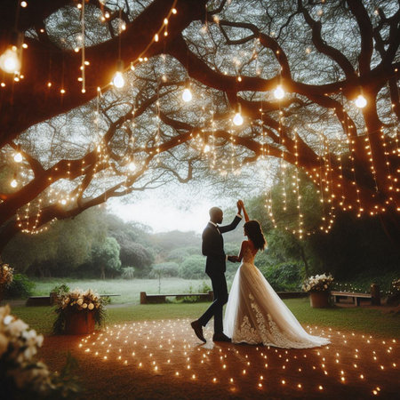 Wedding couple on the background of the night forest with lightsの素材