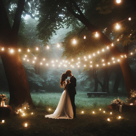 Wedding couple on the background of the night forest with lightsの素材