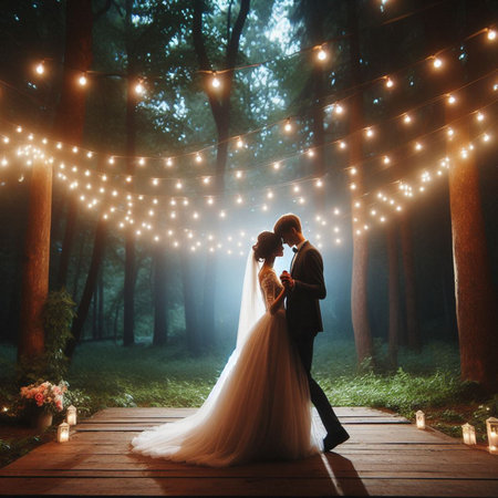 Wedding couple on the background of the night forest with lightsの素材
