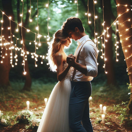 Wedding couple on the background of the night forest with lightsの素材