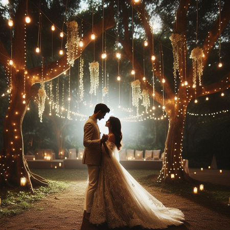 Wedding couple on the background of the night forest with lightsの素材