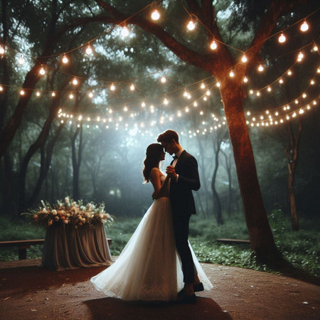 Wedding couple on the background of the night forest with lightsの素材