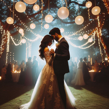 Wedding couple on the background of the night forest with lightsの素材