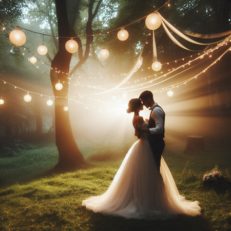 Wedding couple on the background of the night forest with lightsの素材