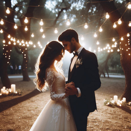 Wedding couple on the background of the night forest with lightsの素材