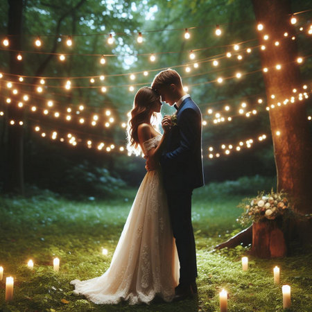 Wedding couple on the background of the night forest with lightsの素材