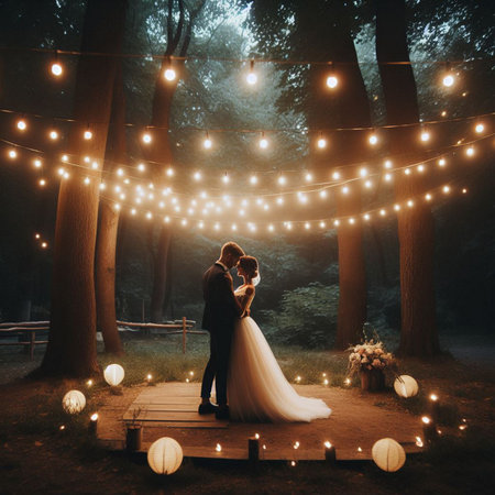 Wedding couple on the background of the night forest with lightsの素材