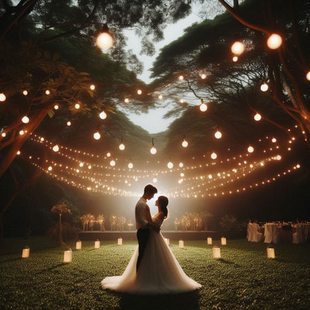 Wedding couple on the background of the night forest with lightsの素材