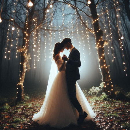Wedding couple on the background of the night forest with lightsの素材