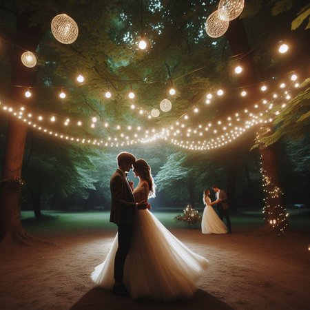 Wedding couple on the background of the night forest with lightsの素材