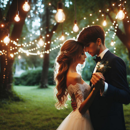 Wedding couple on the background of the night forest with lightsの素材