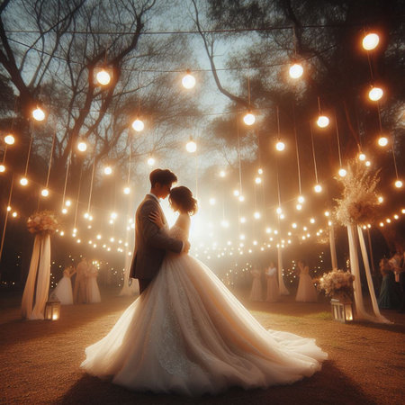 Wedding couple on the background of the night forest with lightsの素材
