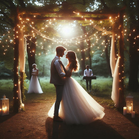 Wedding couple on the background of the night forest with lightsの素材