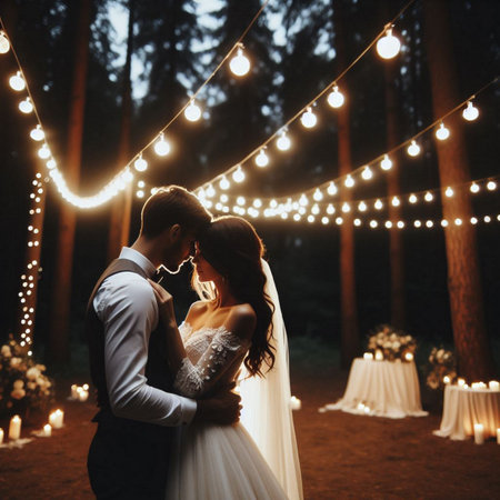 Wedding couple on the background of the night forest with lightsの素材