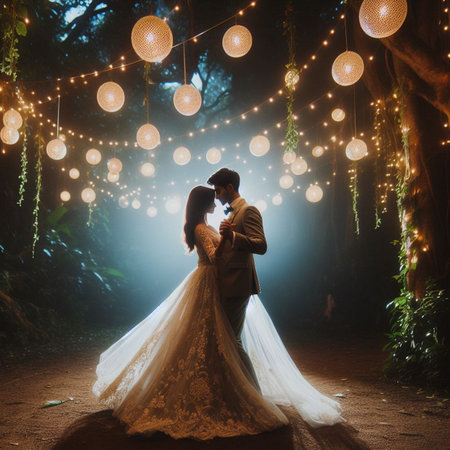 Wedding couple on the background of the night forest with lightsの素材