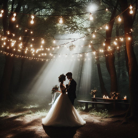 Wedding couple on the background of the night forest with lightsの素材
