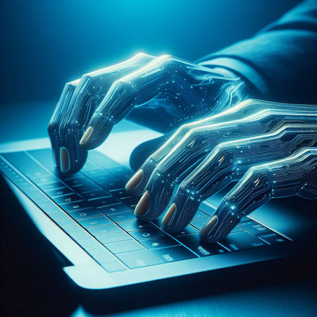 Close up of human hands typing on computer keyboard. Internet and technology conceptの素材