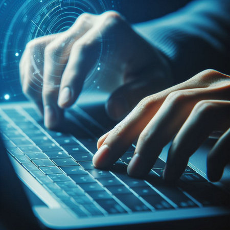 Close up of human hands typing on computer keyboard. Internet and technology conceptの素材