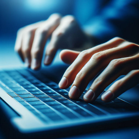 Close up of human hands typing on computer keyboard. Internet and technology conceptの素材