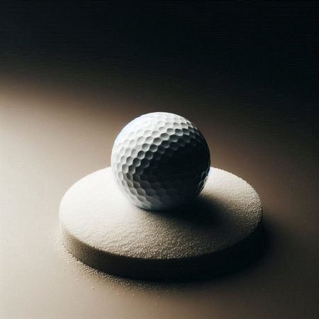Golf ball on sand, close-up. Black background.の素材