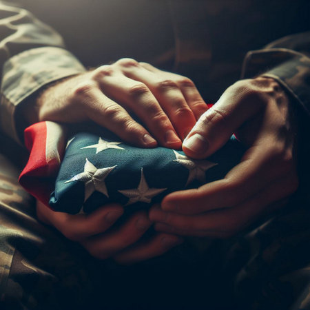 A close-up shot of a hand holding a folded American flagの素材