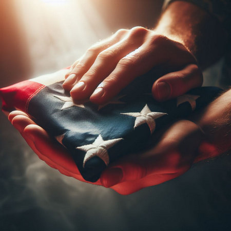 A close-up shot of a hand holding a folded American flagの素材