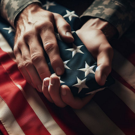 Hands of a man and woman on the background of the American flagの素材