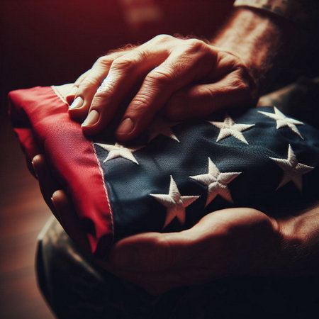 Hands of the American soldier with the flag of the United Statesの素材