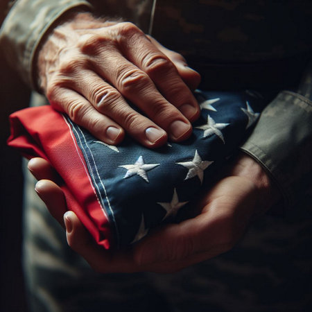 Hands of an elderly woman with a folded American flag. Selective focus.の素材