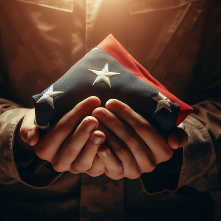 Military man hands holding American flag on dark background. Selective focus.の素材