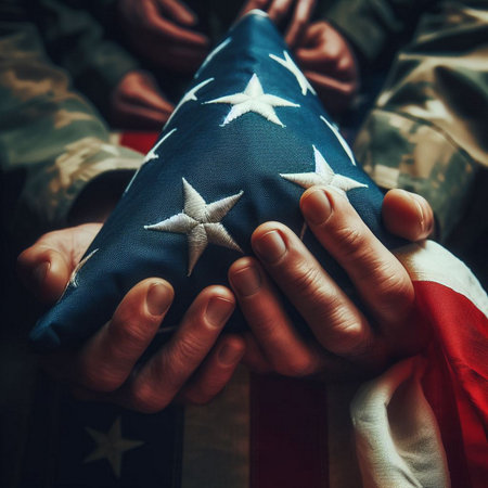 A close-up shot of a hand holding a folded American flagの素材