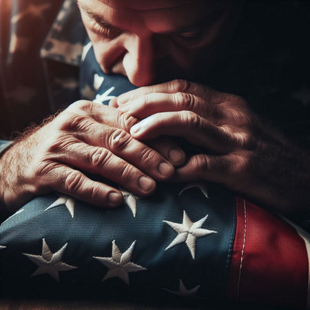 Patriotic soldier praying to god with his hands clasped togetherの素材
