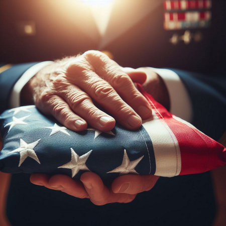 Close-up of a man's hands holding an American flag.の素材
