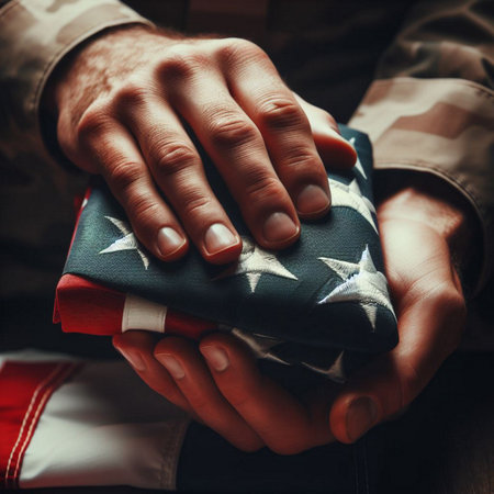 A man in military uniform holds a gift in his hands. Selective focus.の素材