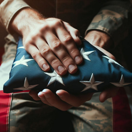 A close-up shot of a hand holding a folded American flagの素材