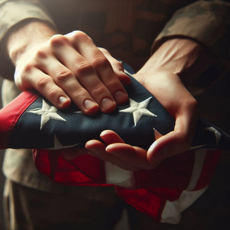 A close-up shot of a hand holding a folded American flagの素材