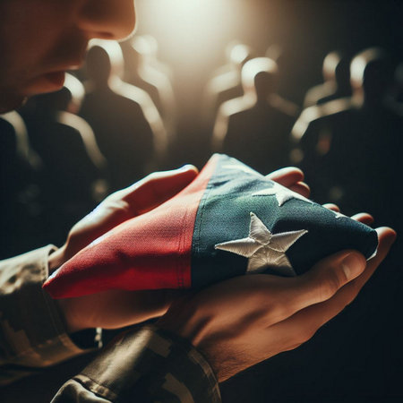 A close-up shot of a hand holding a folded American flagの素材