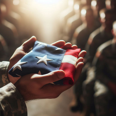 Soldier holding american flag in hands. Selective focus.の素材