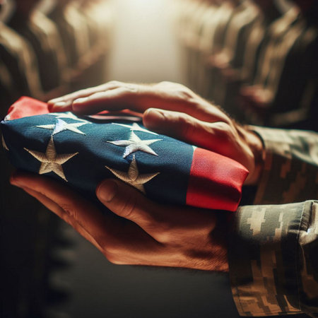 A close-up shot of a hand holding a folded American flagの素材