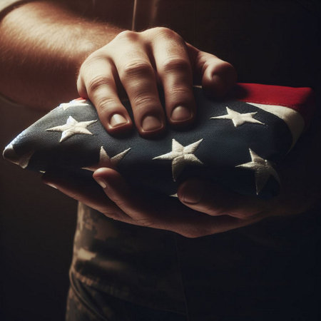 A close-up shot of a hand holding a folded American flagの素材