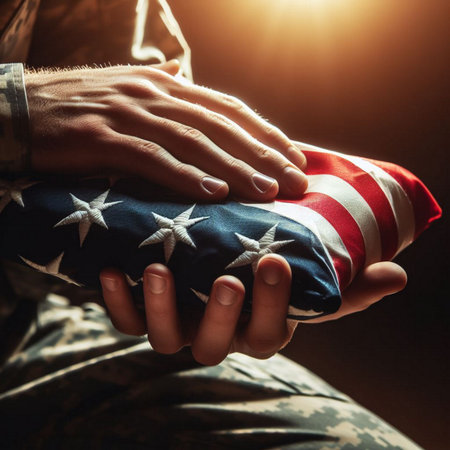 A close-up shot of a hand holding a folded American flagの素材