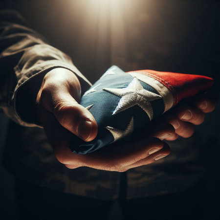 A close-up shot of a hand holding a folded American flagの素材