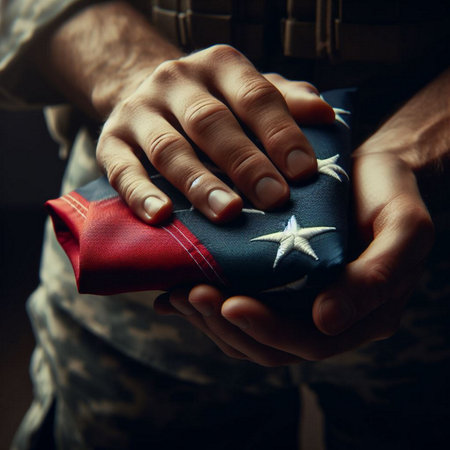 A close-up shot of a hand holding a folded American flagの素材