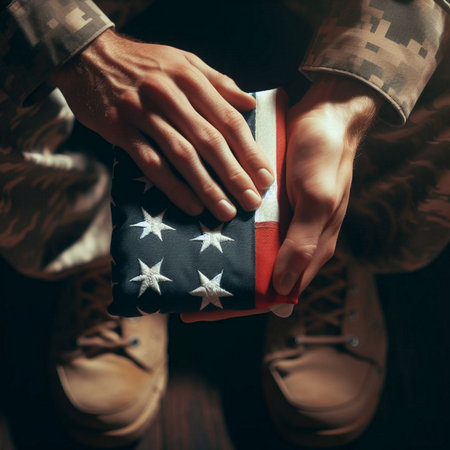 A close-up shot of a hand holding a folded American flagの素材
