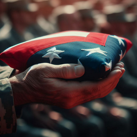 A close-up shot of a hand holding a folded American flagの素材