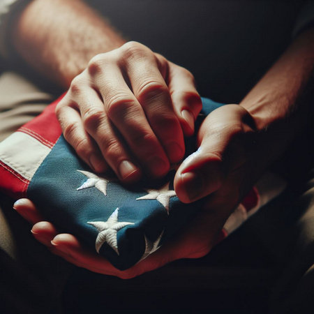 A close-up shot of a hand holding a folded American flagの素材